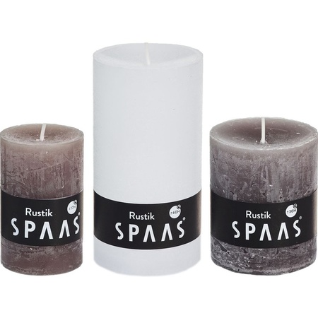 3x White/taupe rustic cylinder candles set