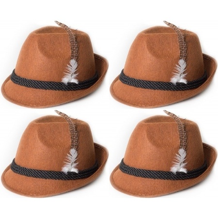 4x Brown Tyrolean hats dress up accessories for adults