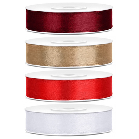4x rolls satin ribbon - bordeaux-gold-red-white 1,2 cm x 25 meters