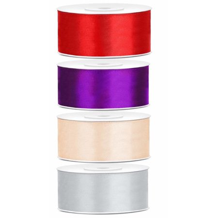 4x rolls satin ribbon - red-silver-purple-creme 2.5 cm x 25 meters