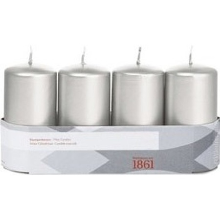 4x Silver cylinder candle 5 x 10 cm 18 hours