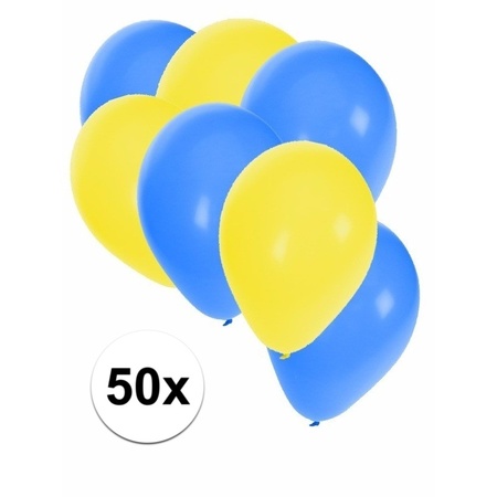 50x Ballonnen - 27 cm -  geel / blauwe versiering