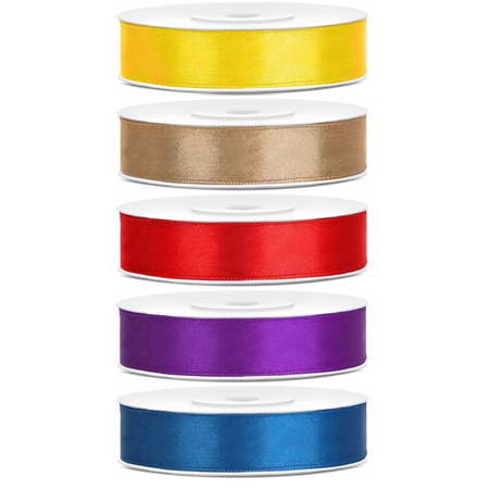 5x rolls satin ribbon - yellow-gold-red-purple-blue 1,2 cm x 25 meters