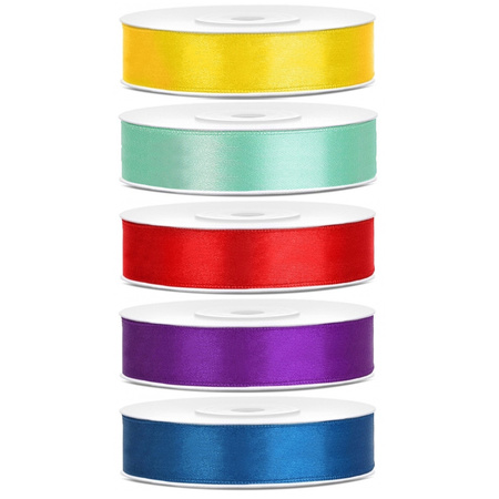 5x rolls satin ribbon - yellow-mint-red-purple-blue 1,2 cm x 25 meters