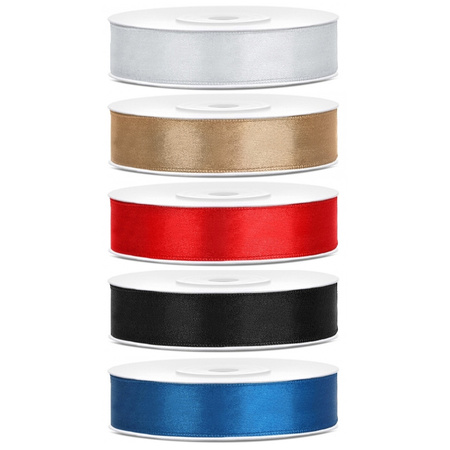 5x rolls satin ribbon - silver-gold-red-black-blue 1,2 cm x 25 meters