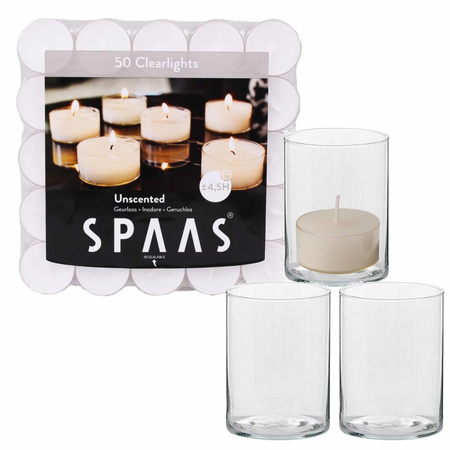 5x candles holders of glass with 50x thealights candles