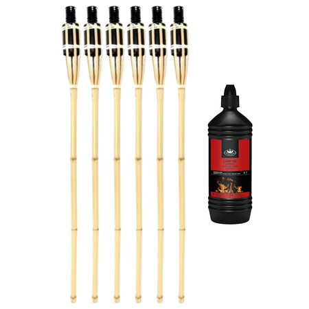 6x pieces Bamboo garden torches 90 cm with 1 liter lamp oil