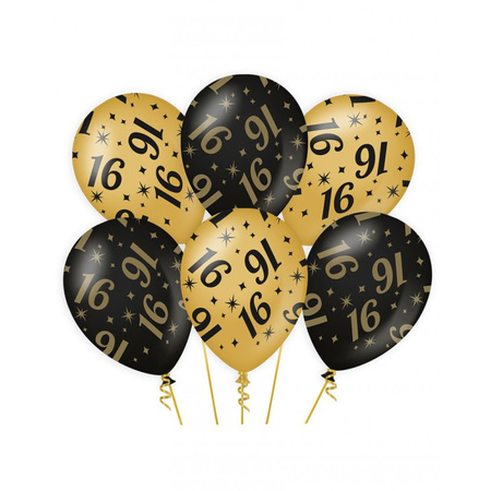 6x pieces Birthday party balloons black/gold 16 years 30 cm