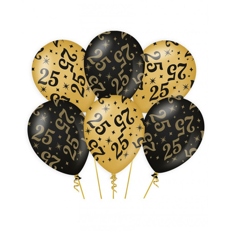 6x stuks leeftijd verjaardag feest ballonnen 25 jaar geworden zwart/goud 30 cm