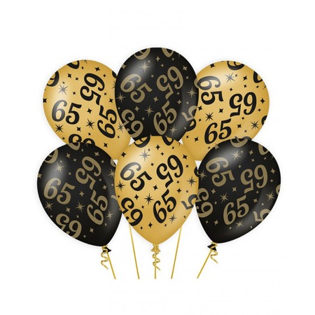 6x stuks leeftijd verjaardag feest ballonnen 65 jaar geworden zwart/goud 30 cm