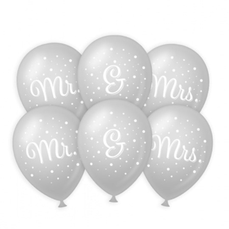 6x pieces Mr. & Mrs. wedding party balloons - silver/white - latex - approx 30 cm