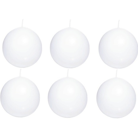 6x White sphere/ball candle 8 cm 25 hours