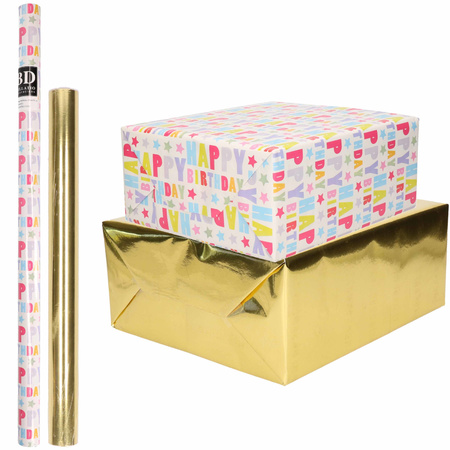 8x Rolls kraft wrapping paper happy birthday pack -  metallic gold 200 x 70/50 cm
