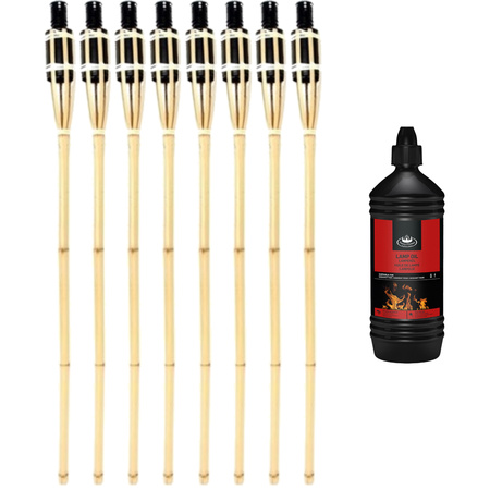 8x pieces Bamboo garden torches 90 cm with 1 liter lamp oil