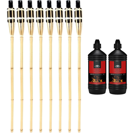 8x pieces Bamboo garden torches 90 cm with 2 liter lamp oil
