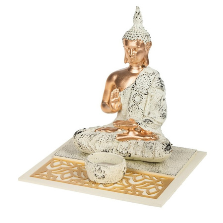 Boeddha beeld voor binnen 19 cm met 30x geurkaarsen lavendel