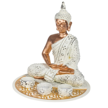 Boeddha beeld voor binnen 29 cm met 30x geurkaarsen lavendel