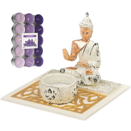 Boeddha beeld voor binnen 14 cm met 30x geurkaarsen lavendel