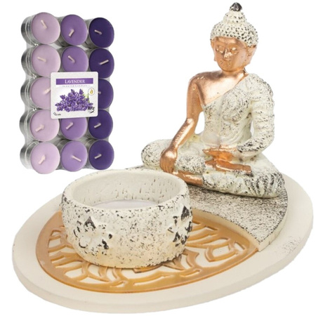 Boeddha beeld voor binnen 15 cm met 30x geurkaarsen lavendel