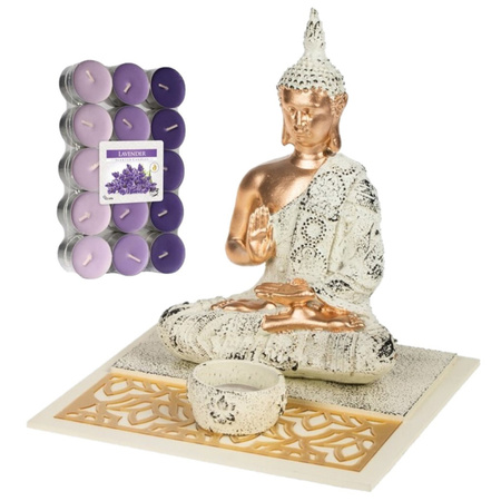 Boeddha beeld voor binnen 19 cm met 30x geurkaarsen lavendel