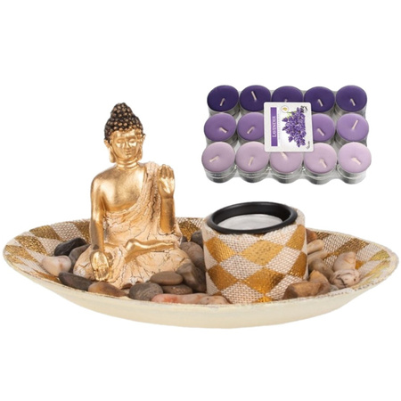 Boeddha beeld voor binnen 27 cm met 30x geurkaarsen lavendel