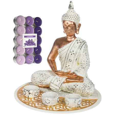 Boeddha beeld voor binnen 29 cm met 30x geurkaarsen lavendel