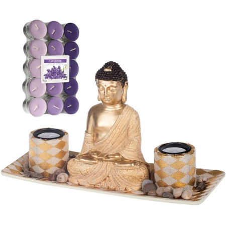 Boeddha beeld voor binnen 31 cm met 30x geurkaarsen lavendel
