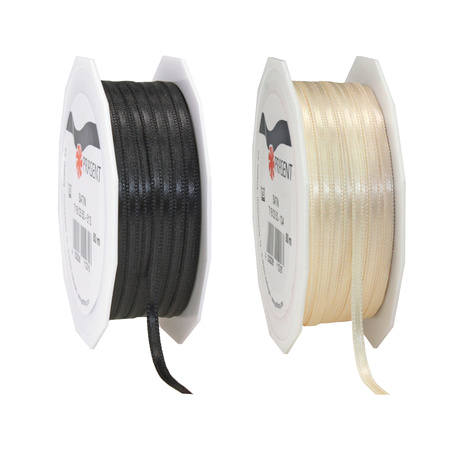 Gift deco ribbons set 2x rolls - black/cream white - 3 mm x 50 meters - hobby/decoration/presents