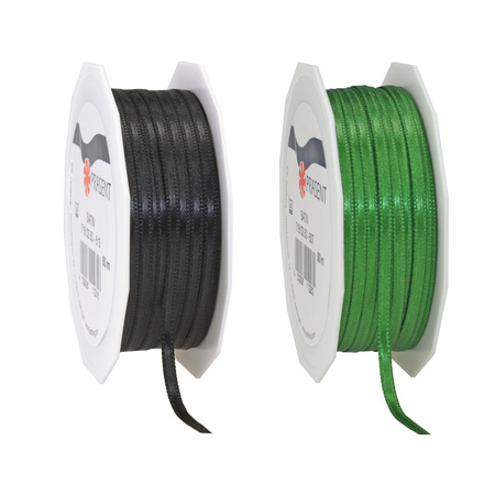 Gift deco ribbons set 2x rolls - black/green - 3 mm x 50 meters - hobby/decoration/presents