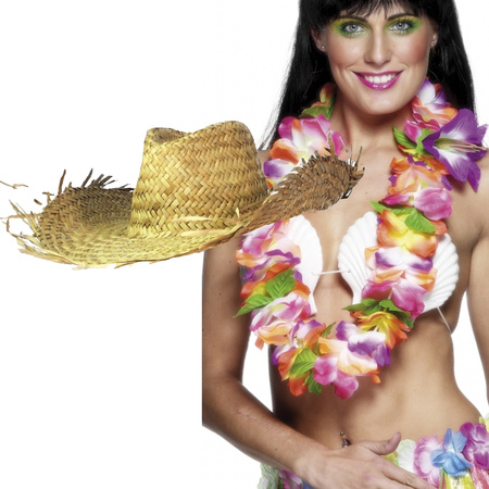Toppers - Carnaval set - Tropical Hawaii party - beach straw hat beige - and colored flowers guirlande