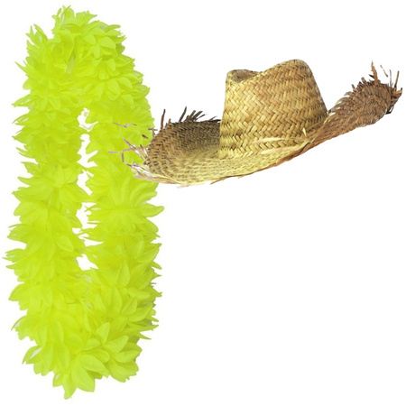 Carnaval set - Tropical Hawaii party - beach straw hat beige - and neon yellow flowers guirlande