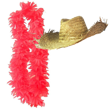 Carnaval verkleedset - Tropical Hawaii party - strohoed - en volle bloemenslinger neon roze