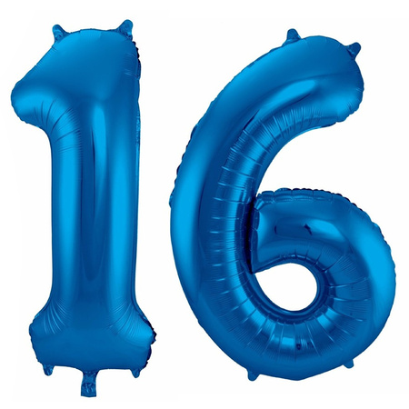 Cijfer ballonnen opblaas - Verjaardag versiering 16 jaar - 85 cm blauw