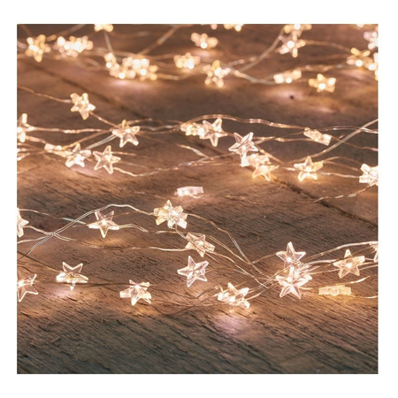 Silver LED wire stars with timer warm white 1 meter