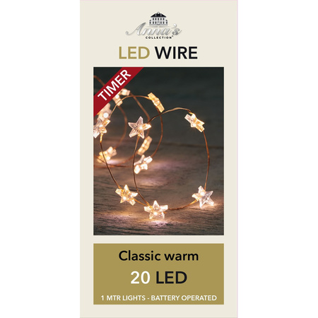 Silver LED wire stars with timer white 1 meter