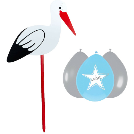 Baby birth decoration - stork for the garden - 100 cm - 6x baby blue balloons