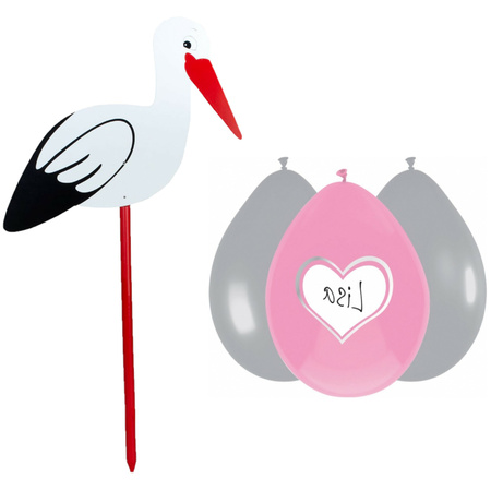 Baby birth decoration - stork for the garden - 100 cm - 6x baby pink balloons