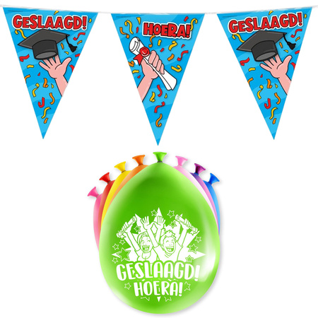 Geslaagd thema party versiering set Hoera - Vlaggenlijn en 16x ballonnen