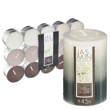 Jasmin scented candle set with 1x pillar candle and 30x tea lights 