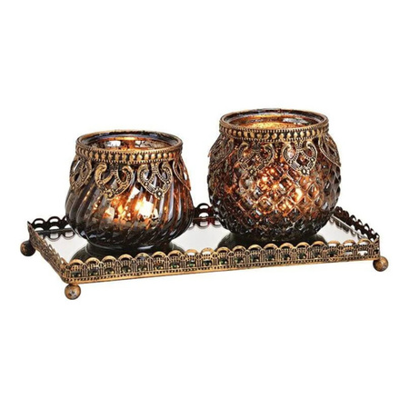 Glass design windlights/candle holders set of 2x in black gold 20 x 9 x 10 cm
