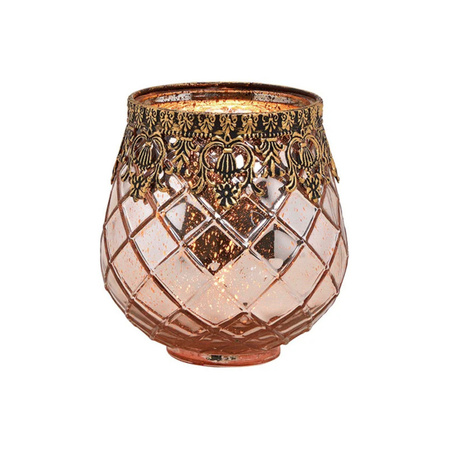 Glass design windlight/candle holder rose gold 13 x 14 x 13 cm