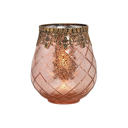 Glass design windlight/candle holder rose gold 16 x 18 x 16 cm