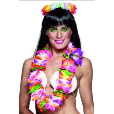 Carnaval verkleedset - Tropical Hawaii party - strohoed - en volle bloemenslinger multi colours