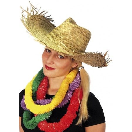 Carnaval set - Tropical Hawaii party - beach straw hat beige - and neon pink flowers guirlande