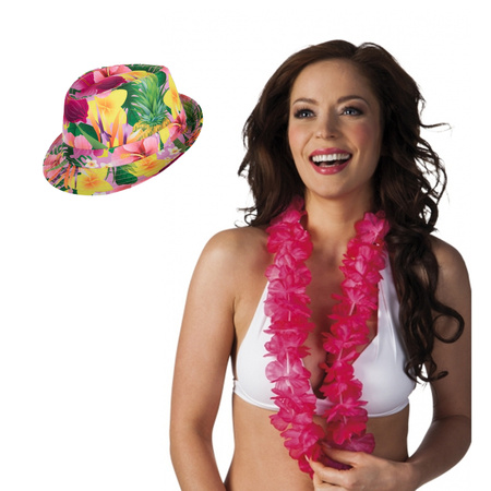 Hawaii thema party verkleedset - Hoedje Tropical print - bloemenkrans roze mix- Tropical toppers