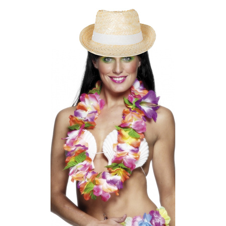 Hawaii thema party verkleedset - Strand strohoedje - en bloemenkrans kleuren mix