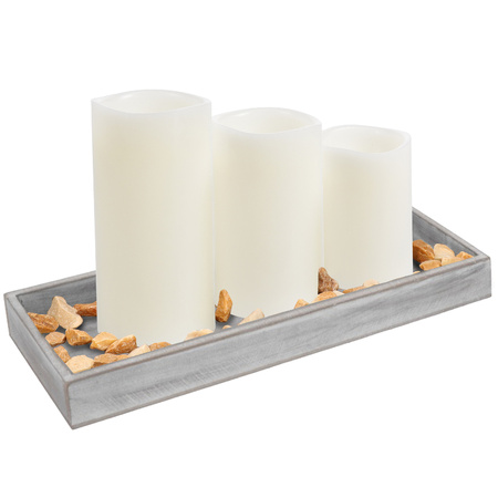 Wooden tray with stones and 3 LED candles in white colour 14 x 40 cm