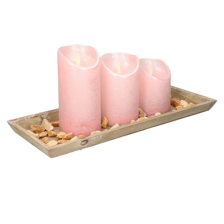Wooden tray lichtrozeh stones and 3 LED candles in light pink colour 39 x 15 cm