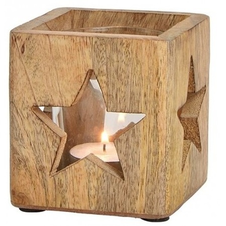 Wooden tea light holders with star 9 cm