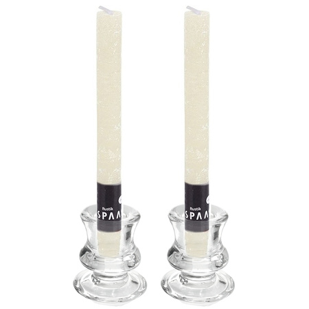 Glass candle holders set of 2x and 12x ivory white dinner candles 25 cm